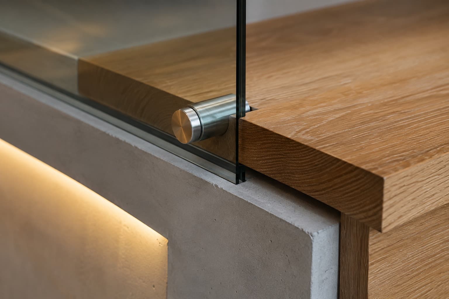 Frameless glass meets oak with a single concealed fixing.